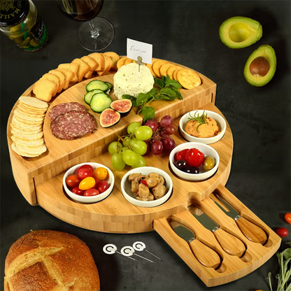 🧀2025 Swivel Cheese Board Set🔥With 4 Integrated Ceramic Bowls And 3 Piece Knife Set